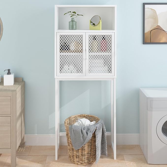 Launica Over the Toilet Storage Cabinet, Over Toilet Bathroom Organizer with Mesh Doors and Shelves, Freestanding Bathroom Storage Cabinet Above Toilet, Wood and Metal, White Oak