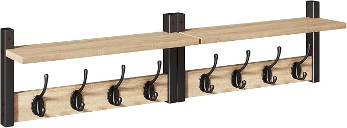 YMYNY 31.5" Coat Rack Wall Mount with Shelf, 2 in 1 Key and Coat Hanger with 8 Metal Hooks, Wall Shelf with Hooks & Mail Holder for Living Room, Bedroom, Light Natural, HWS001R-2