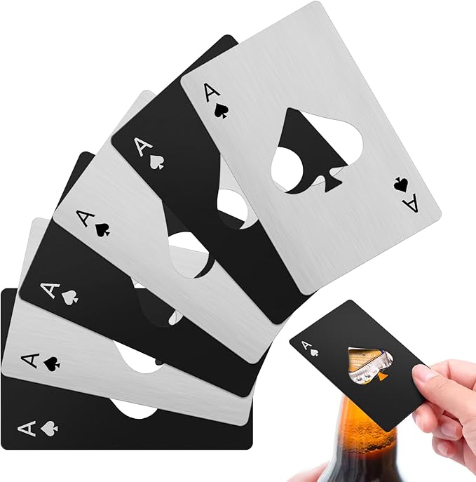 6PCS Poker Card Bottle Openers, Stainless Steel Credit Card Size Beer Bottle Opener - 3 Black & 3 Silver Poker Themed Cap Openers (Ace of Spades Design)