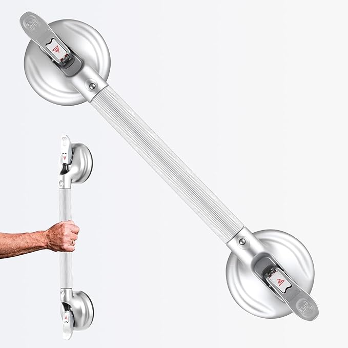 19-Inch Shower Handle - Upgraded Grab Bar with Strong Suction Cups for Bathtub & Shower Safety, Ideal for Seniors, Elderly, Disabled，Silver