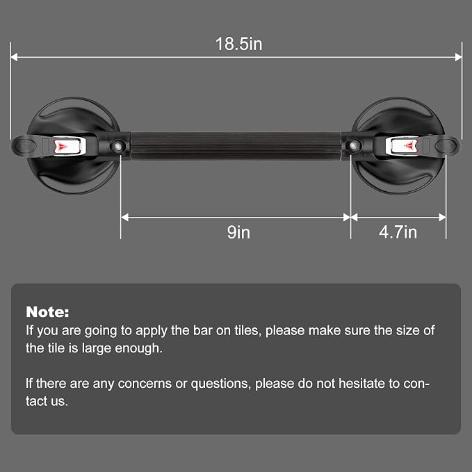 19-Inch Shower Handle - Upgraded Grab Bar with Strong Suction Cups for Bathtub & Shower Safety, Ideal for Seniors, Elderly, Disabled - Black