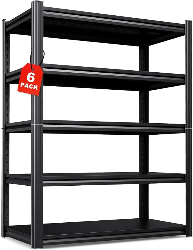 Set of 6 All Metal Garage Shelving - 2050 lbs 5 Tier Storage Shelves, Adjustable Heavy Duty Metal Shelving Unit and Storage Large Rack, Utility Steel Shelf for Warehouse Industrial Pantry 71"x46"x20"