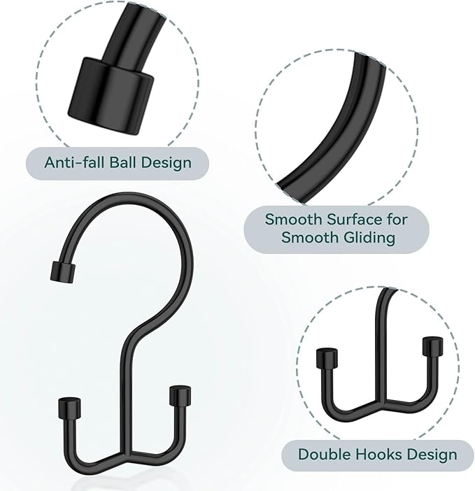 Goowin Shower Curtain Hooks, Shower Curtain Rings, Durable Rust Proof Black Shower Curtain Hooks, Shower Rings for Curtain, Double Glide Shower Hooks for Shower Curtain, Black, 12 Pack-Cylinders