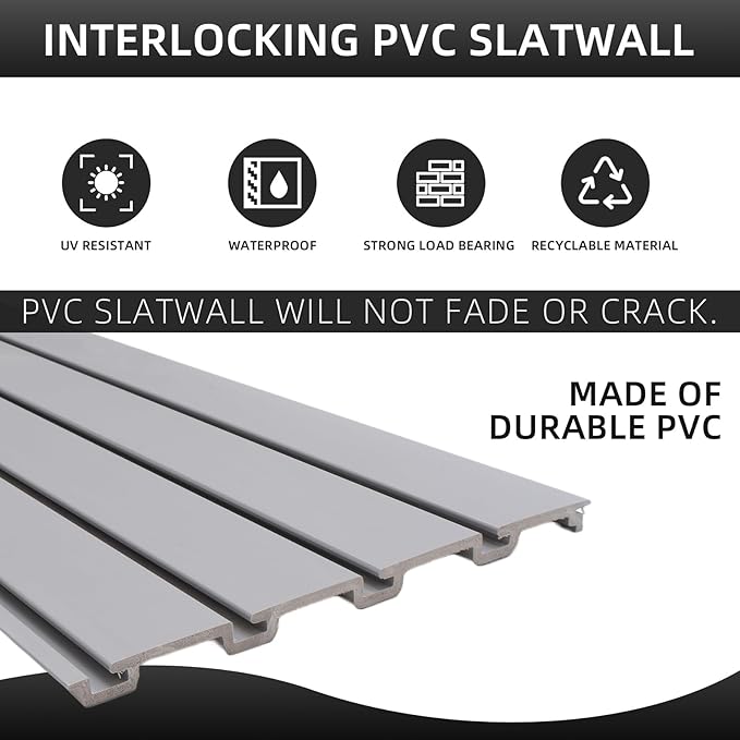 Slatwall Panel Garage Slat Wall Storage Systems, PVC Slat Wall Paneling Garage Tool Organizer Wall Mount, Grey 4’x2’ Slatwall Panels Garage Wall Organizer, Garage Storage & Organization Products