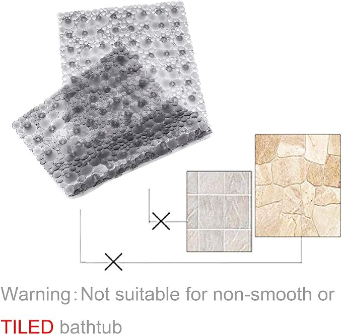 Extra Long Pebble Bath Tub Shower Mat 34.2 x 15.7, Bathmat Non-Slip with Suction Cups, Machine Washable, Bathroom Mats, Smooth/Non-Textured Surface Only (34.2" x 15.7", Transparent Light Gray)