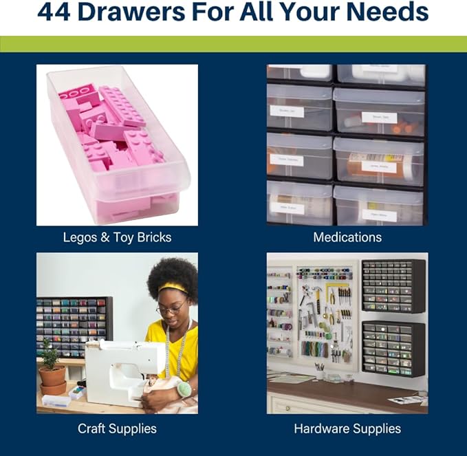 Akro-Mils 44-Drawer Plastic Drawer Storage Cabinet for Garage Organization, Bead Organizer, Building Bricks Storage, Teacher Toolbox, Makeup Organizer, 20-Inch W x 6-Inch D x 16-Inch H, 10144 White