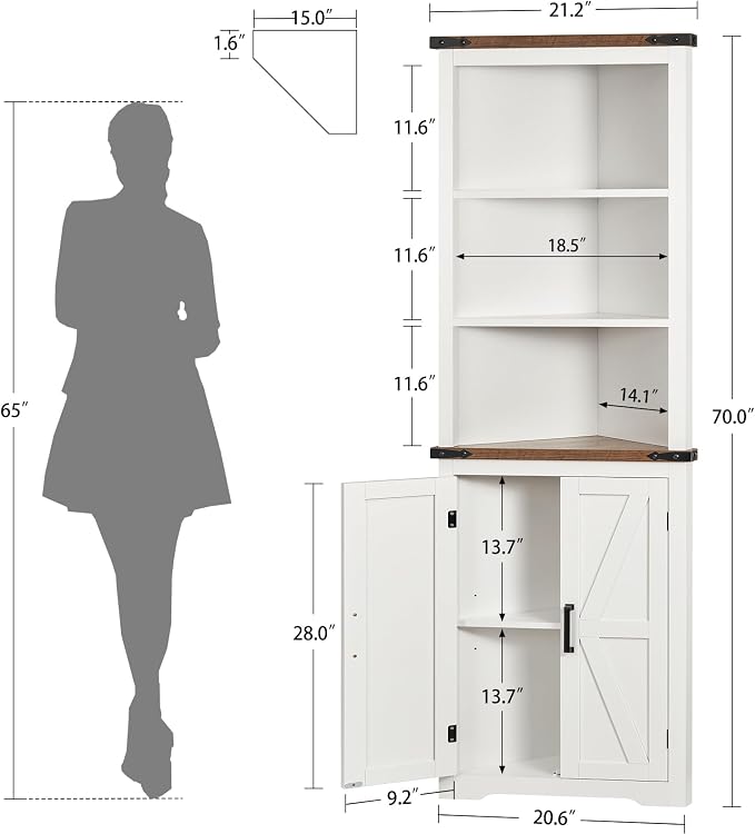 TEENFON Farmhouse Corner Cabinet, 70" H Tall Corner Hutch with 5 Shelves & 2 Barn Doors, Bathroom Cabinet with Adjustable Shelf, for Living Room, Kitchen, Bathroom, White
