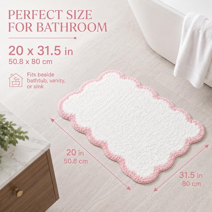 Scalloped Pink Bath Rug, Cute Bathroom Rug, Soft Absorbent Quick Dry Bath Mat, TPR Non Slip Backing, Microfiber Mat for Shower Tub Sink Vanity 20" x 31.5"