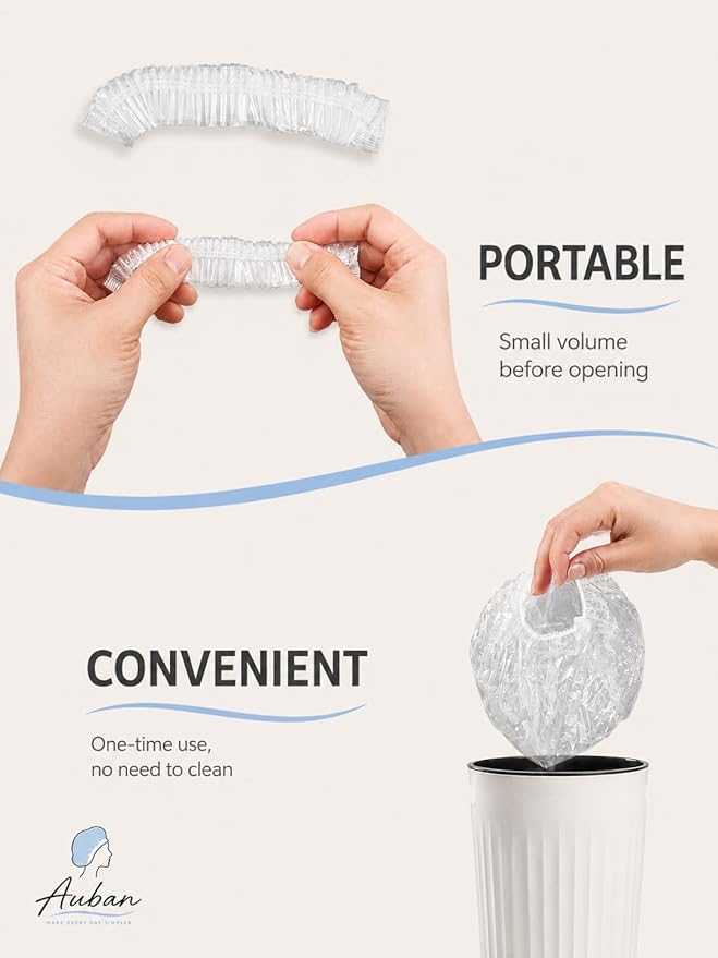 Auban 100PCS Disposable Shower Caps Independent Packing, Plastic Clear Hair Cap Large Thick Waterproof Bath Caps for Women, Travel Essentials Accessories (20.5")