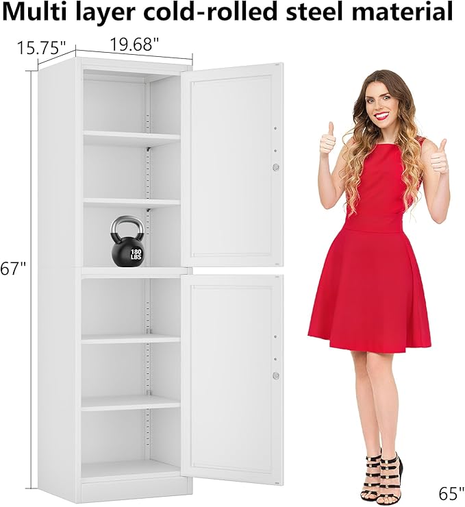 Tall Narrow Slim Metal Storage Cabinet with Lock and 5 Adjustable Shelves,Steel File Cabinets,Kitchen Pantry Cabinet Locker Organizer - 67" Storage Cabinets for Bathroom,Bedroom,Office
