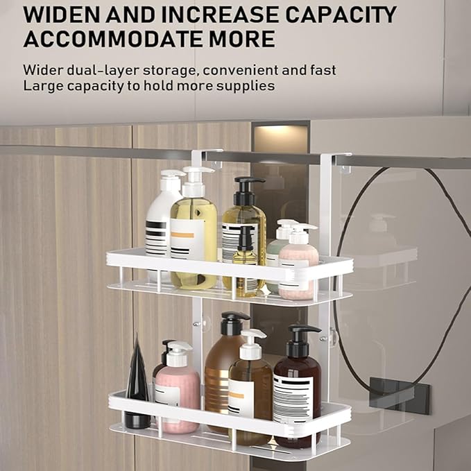 White Over Door Shower Caddy, Rustproof Bathroom Organizer, 2-Tier Storage Rack, 11.81x5.31 Inch Shelves, No Drilling Required