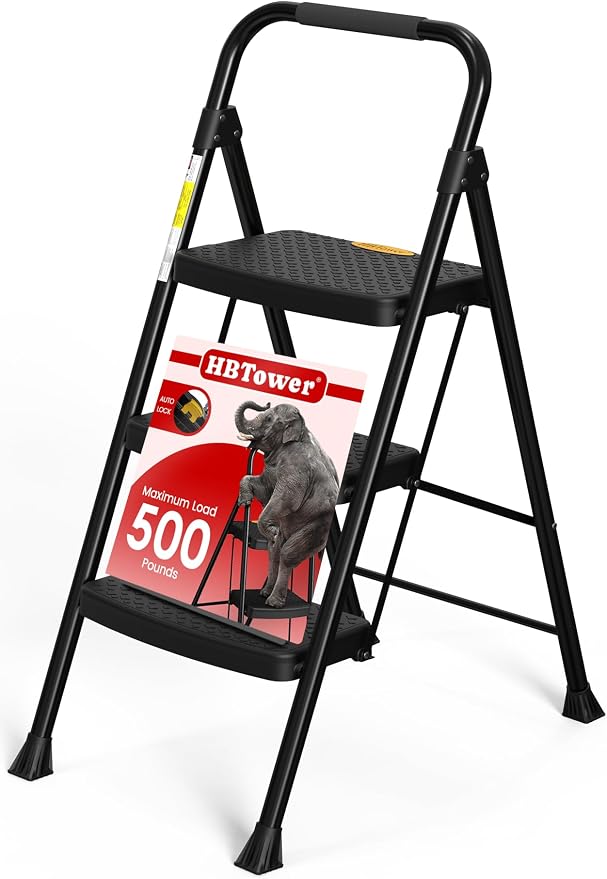 HBtower Step Ladder Sturdy, Heavy Duty Step Stool for Adults, Wide Anti-Slip Pedal Step Ladder Folding Step Stool for Home and Kitchen, Garage, Outdoor