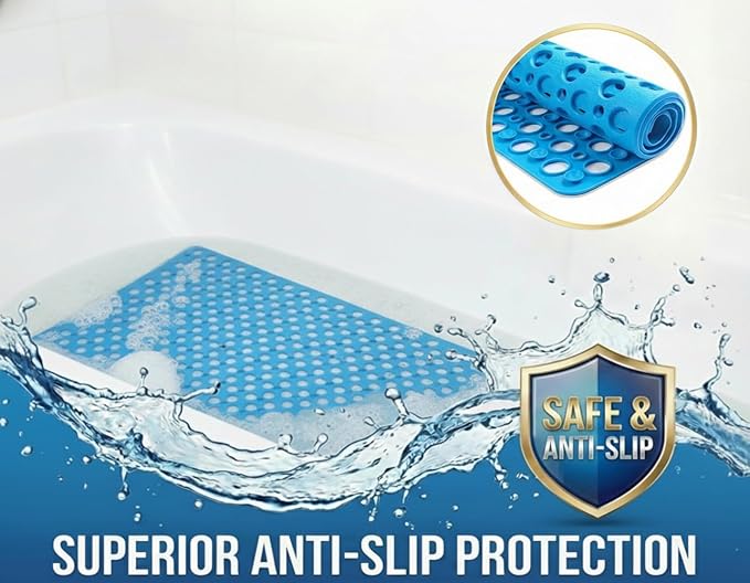 Nonslip Bathtub Mat Extra Soft TPE Bath Mat for Kids, Machine Washable Bathroom Shower Mat, Smooth/Non-Textured Tubs Only, 30L x 17W Inch (Lake Blue)