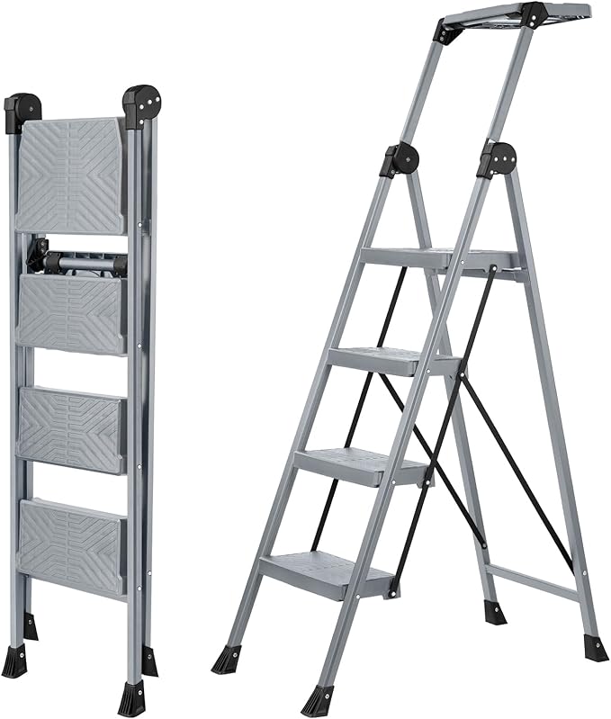 XinSunho 4 Step Ladder, Foldable Step Stool Ladder with Handrails & Tray, 660 lbs Heavy Duty Wide Pedals, Sturdy Steel Folding Ladder for Kitchen, Home, and Household Use(Silver, 4 Step)