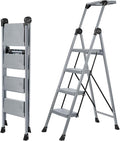 XinSunho 4 Step Ladder, Foldable Step Stool Ladder with Handrails & Tray, 660 lbs Heavy Duty Wide Pedals, Sturdy Steel Folding Ladder for Kitchen, Home, and Household Use(Silver, 4 Step)