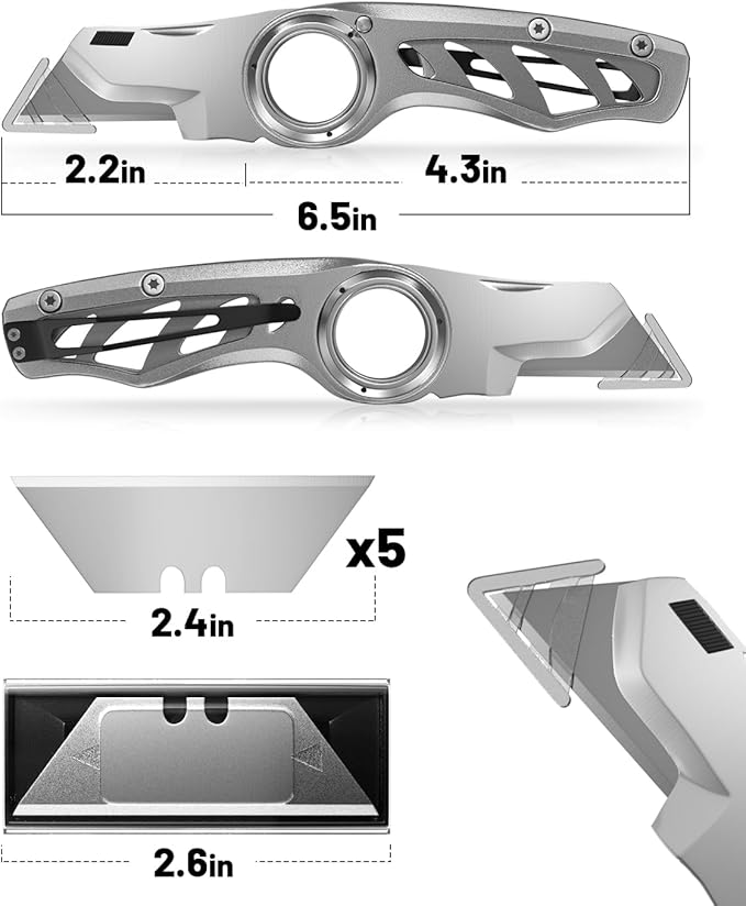 Folding Utility Knife Pocket Knife, Heavy-Duty Box Cutter with Anti Slip Finger Loop, Quick Change Blade Razor Knife, Box Cutters for Home, Office, Warehouse, Durable Razor Knife, Box Knife (Grey)