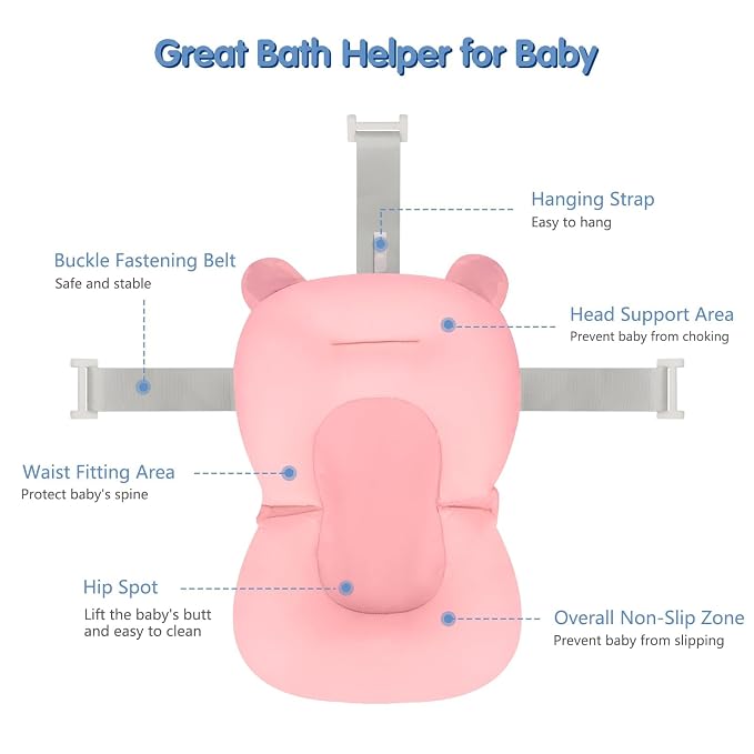 Colorlife Baby Bath Seat Support Net Infant Bathing Seat Support Mat, Comfortable Adjustable Non-Slip Three-Pointed Baby Shower Net Bathtub Sit Up Mesh for Newborn 0-12 Months-Pink(No Bathtub)