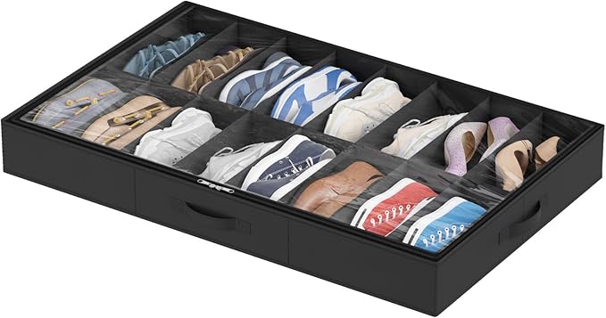 Lifewit Under Bed Shoe Storage Organizer 1 Pack(16 Shoes Cells), 4.3 Inches Profile Fabric Shoes Container Box with Clear Cover, Foldable Storage Bag with 2 Handles, Fits 8 to 16 Pairs