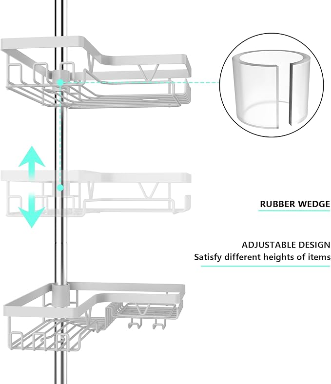 KEGII Corner Shower Caddy Tension Pole - 4-Tier Rustproof Bathroom Organizer, Floor to Ceiling Shower Caddy 25-114.2 inch, No Drilling Shower Storage Rack for Shampoo, Towels (Matte White) | Rustproof