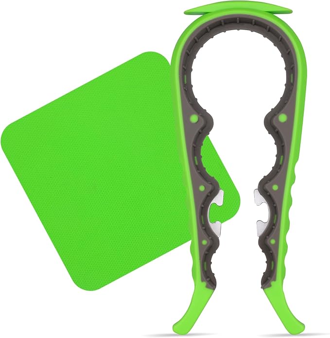 6 in 1 Lids off Jar Opener, Bottle Opener for Weak Hands, Seniors, Arthritis, Women, Kids - Multipurpose Kitchen Tool, Easy open. & Non Slip Rubber Jar opener Gripper Pad, Green