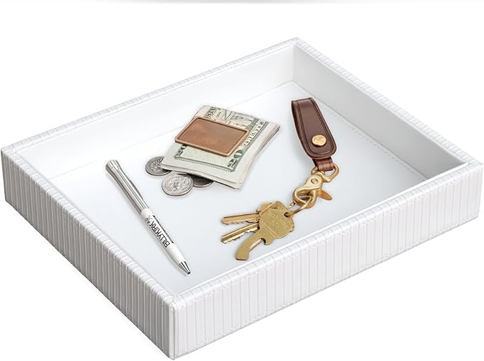 HofferRuffer Faux Leather Vanity Tray, Elegant Desktop Storage Organizer, Decorative Catchall for Perfume, Bathroom Valet, Nightstand or Dresser, 10.2 x 8.4 x 1.8 inches (White Stripe)
