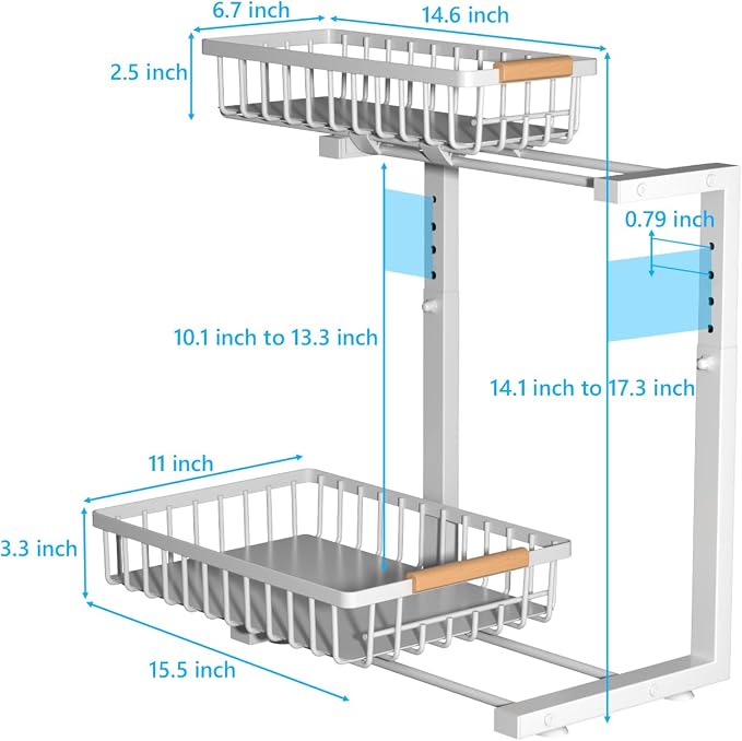 Merrylun Under Sink Organizers,5 Adjustable Height，Metal Pull Out Under Sink Organizers and Storage Shelves with Sliding Drawer, White 1pack（Hight 13.6″-16.9″）