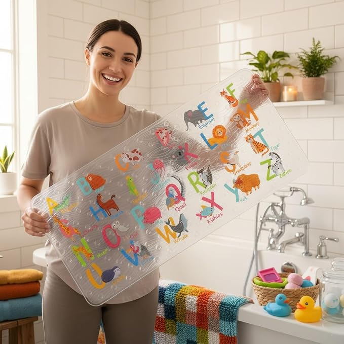 BEEHOMEE Bath Mats for Tub Kids,Baby Toddler - Large Cartoon Non-Slip Bathroom Bathtub Anti-Slip Shower Mats for Floor 35x15,Machine Washable XL Size Bathroom Mats (Alphabet)