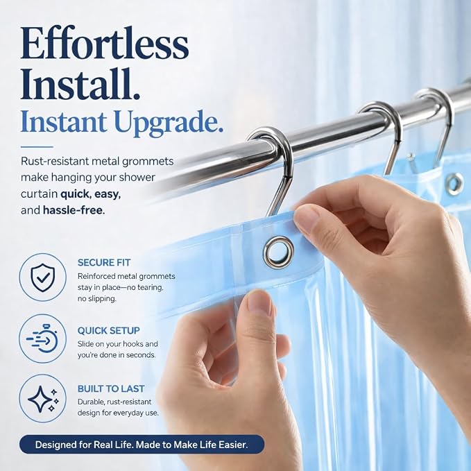EHZNZIE Clear Blue Shower Curtain Liner 72x72, PEVA Waterproof Bath Curtain, No Chemical Smell, 3 Weighted Magnets, Durable with Rustproof Metal Grommets