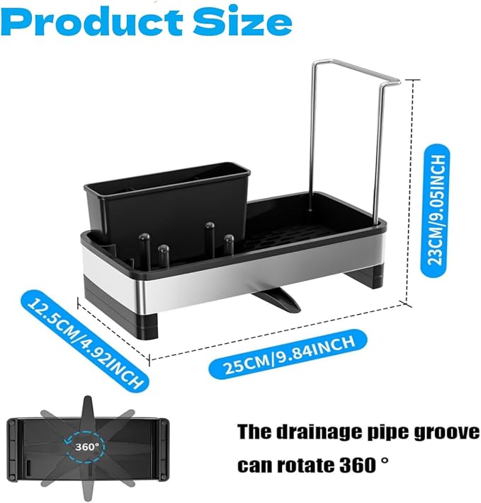 Kitchen Sink Caddy Organzier with High Brush Holder - Sponge Holder for Kitchen Sink with Towel Racks - Rustproof 304 Stainless Steel Kitchen Countertop Storage Essentials