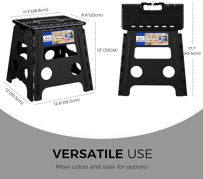 ACKO Folding Step Stool 13 inch Height Premium Heavy Duty Foldable Step Stools for Adults and Kids, Kitchen Plastic Small Collapsible Stepping Stool Hold Up to 300 LB Dot Black (1 Pack)