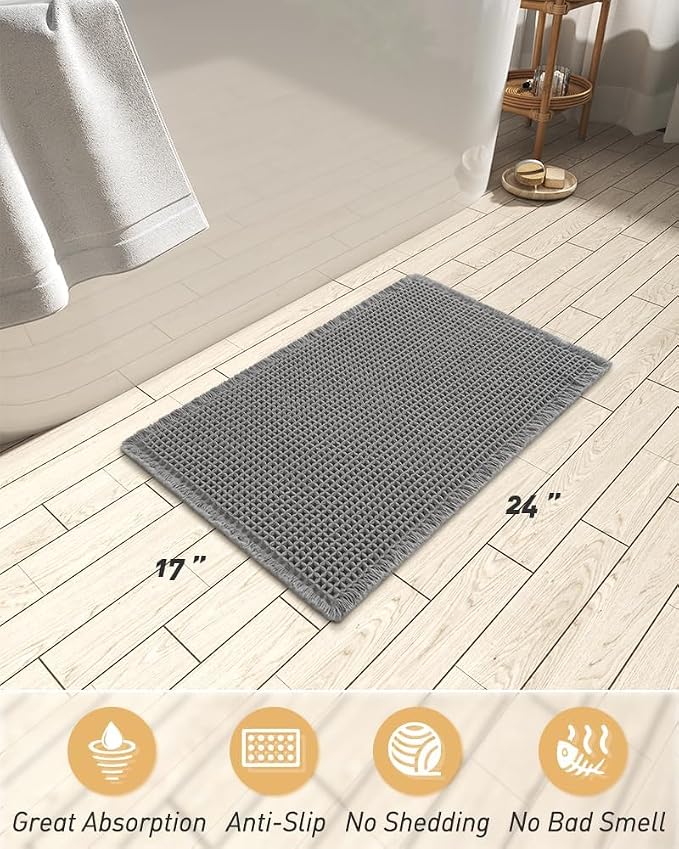 AMOAMI Upgraded Waffle Bath Mat, Super Absorbent Non Slip Bath Mats for Bathroom Floor, Washable Bathroom Rugs with Tassels, Rubber Backed Bathroom Mats, Ultra Soft, 17" x 24", Dark Grey