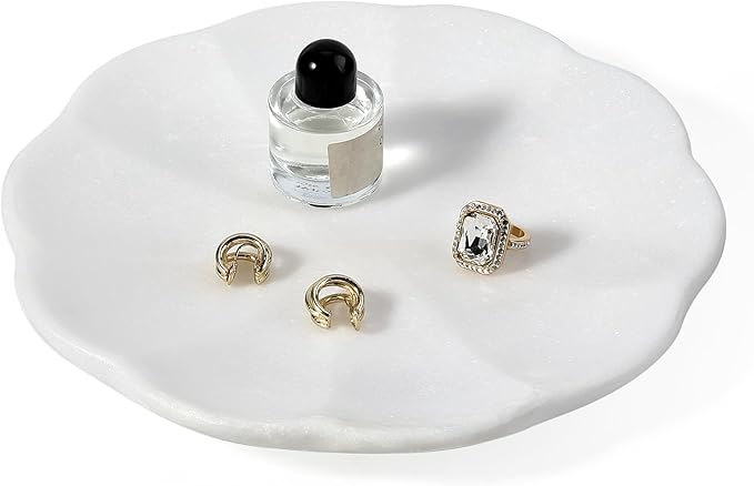 Koville Marble Tray, 8" Round Scalloped Marble Vanity Tray for Jewelry Trinket Perfume, Natural Stone Tray for Bathroom Kitchen Dresser Countertop, Decorative Catchall Tray Home Decor(White)