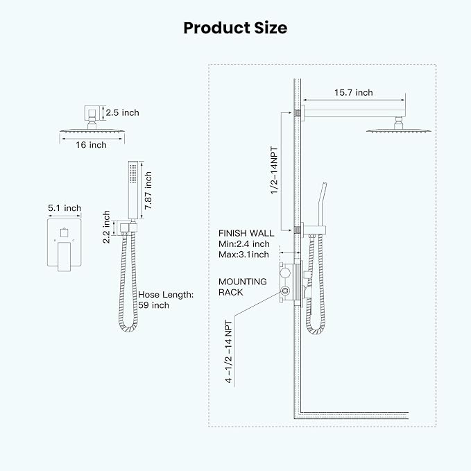 gotonovo Rainfall Bathroom Shower System Rain Shower Head and Handle Set Wall Mounted Shower Complete Combo Solid Brass Pressure Balancing Shower Mixer Valve 16 Inch Brushed Gold