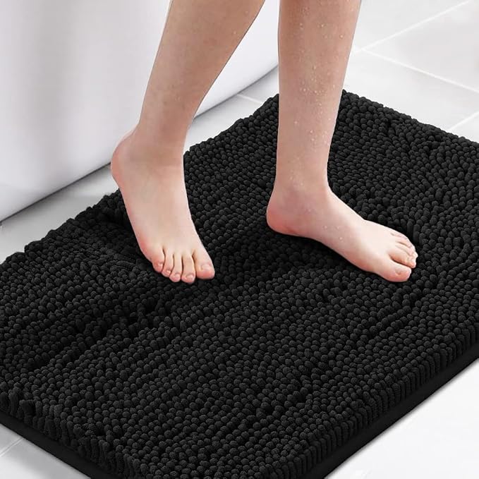 H.VERSAILTEX Bath Mat Bathroom Rug Bath Rugs for Bathroom Non Slip Bath Mats Extra Thick Chenille Rug 17" x 24" Absorbent Soft Shaggy Washable Dry Fast Plush Rugs for Bathtubs - Black