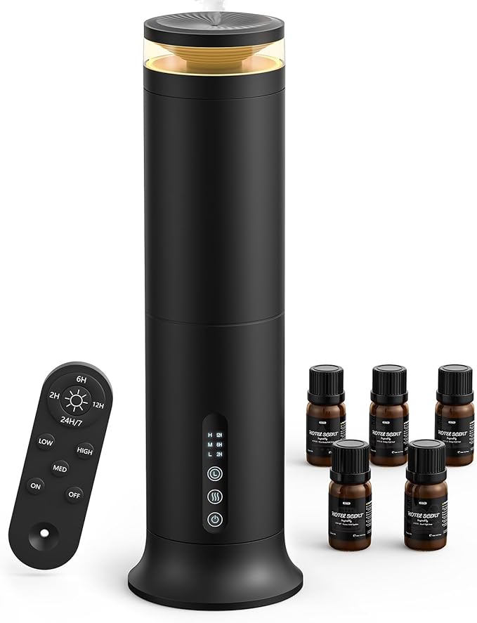 Waterless Diffuser with 5 Hotel-inspried Scent Oil Set - Cold Air Diffuser Up to 2000 Sq.ft for Large Home Office Hotels and Spas, Remote & Panel Control, 4 Timer 3 Scent Intensity Models, 3.4 fl oz