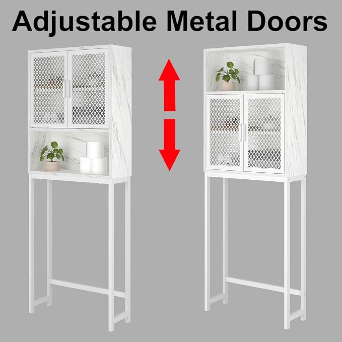 Launica Over the Toilet Storage Cabinet, Over Toilet Bathroom Organizer with Mesh Doors and Shelves, Freestanding Bathroom Storage Cabinet Above Toilet, Wood and Marble, White Marble