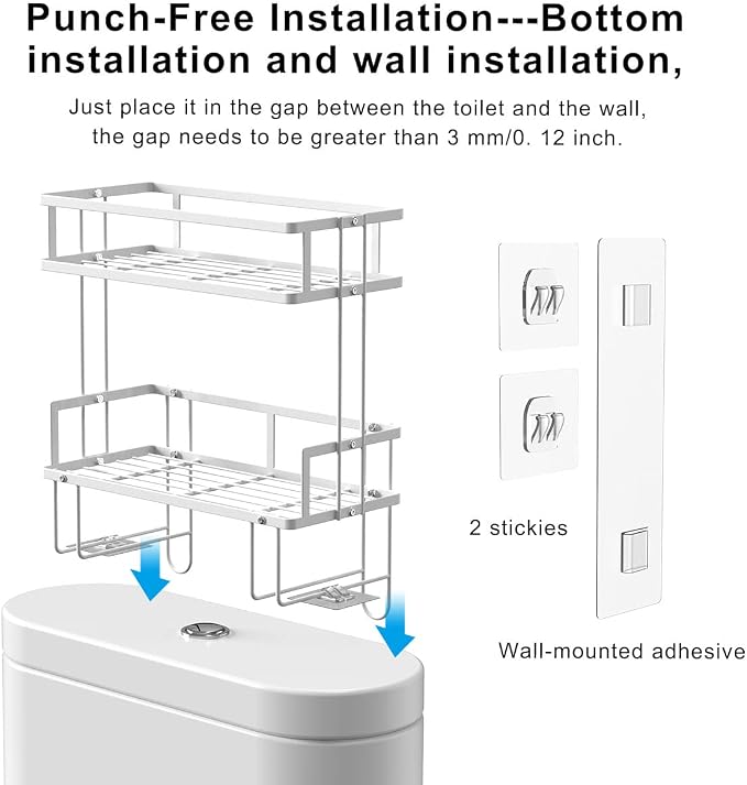 FLOLXNB Over The Toilet Storage Shelf, 2-Tier Bathroom Storage Organizer Upgrade Punch-Free Toliet Storage Shelf, Home Storage Rack with Hooks Shelf,White