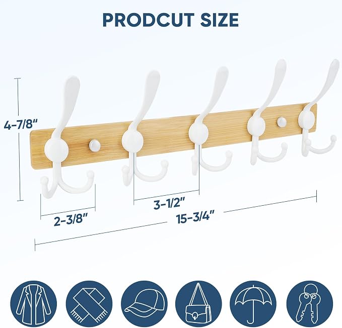 TICONN Wall Mounted Coat Rack, Five Heavy Duty Tri Hooks All Metal Construction for Jacket Coat Hat in Mudroom Entryway (Wood White, 1-Pack)