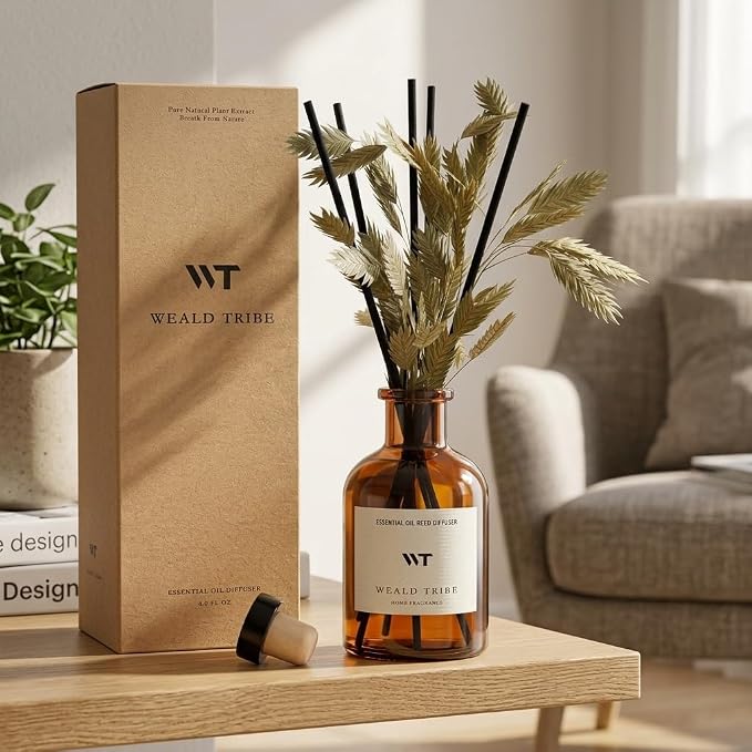 WEALD TRIBE Bamboo Scent Flower Reed Diffuser Set for Bathroom Air Fresheners, Oil Diffuser Sticks | 4.0 fl oz Home Fragrance with Sticks Defusers | House Bedroom Office Shelf Decor