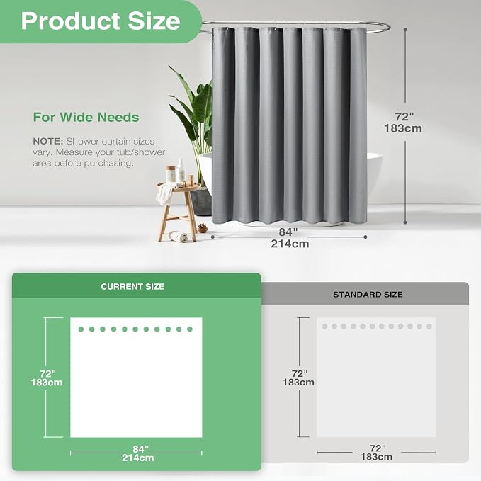 Dynamene Extra Wide Shower Curtain - 84 Inch Wide Waffle Weave Weighted Thick Cloth Bathroom Shower Curtain, Neutral Heavy Duty Hotel Bath Curtain Set with 14 Plastic Hooks, 84x72, Grey/Gray