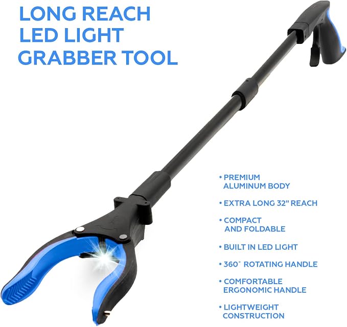 Grabber Reacher Tool-Long 32 Inch Aluminum Foldable Pick Up Stick-Strong Grip Shelves LED Light Magnetic Tip, Lightweight Trash Picker Claw Reacher Grabber Tool for Elderly - by Luxet (32 Inch, Blue)