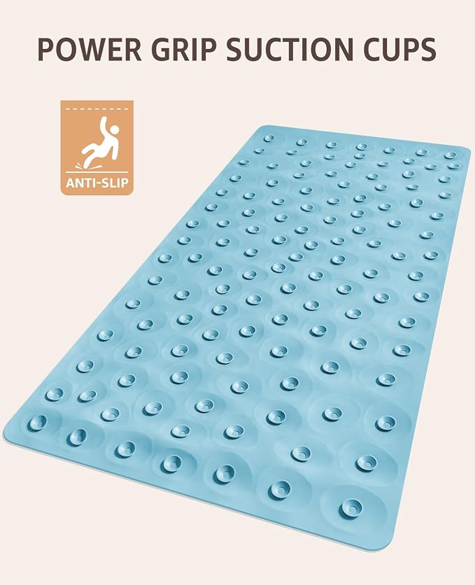 Bligli Non Slip Bathtub Mat, 16x31.5 Inch Standard Non-Slip Bathmats with Strong Suction Cups, Soft Rubber Anti-Slip Bathroom Floor Mat, Machine Washable, Comfort on Feet, 100% BPA Free (Sky Blue)
