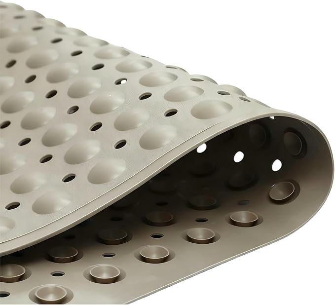 Bathtub Anti-Slip Mat Shower Mat with Suction Cups Drain Hole Foot Massage Bathroom Floor Mat 28x16 Inch (Khaki)