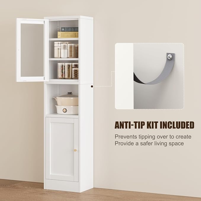 Bevivog Tall Bathroom Storage Cabinets, Slim Metal Cabinet with Open Shelf, Glass Display Door Freestanding Narrow Storage Organizers for Small Spaces, White Skinny Cabinets for Pantry, Living Room