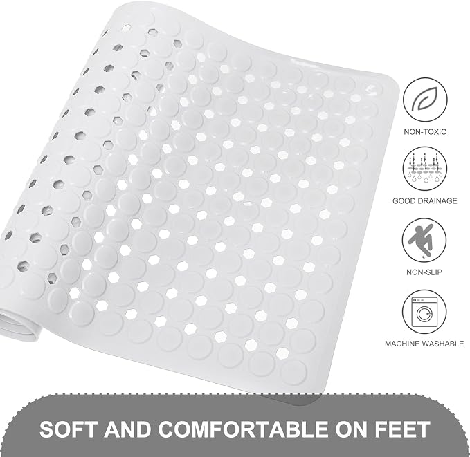 TEESHLY Bath Mat for Tub & Shower, Non Slip Soft Bathmat with Suction Cups & Drain Holes, Machine Washable Bathtub Floor Liner Mats for Bathroom, 35x16 Inch, White