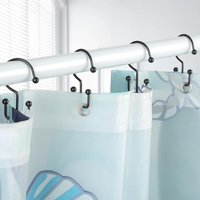 24 Pcs Shower Curtain Hooks, Goowin Shower Curtain Rings, Durable Black Shower Curtain Hooks Rust Proof, Shower Rings for Curtain, Double Glide Shower Hooks for Shower Curtain Rods, Black