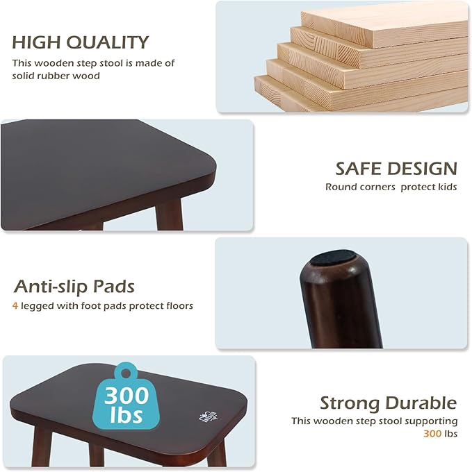 BEE&OAK 13.4 Inch Heavy Duty Wooden Step Stools for Adults - Non Slip, 300 LBS Capacity, Easy Assembly - Ideal Step Stool for High Beds, Kitchen, Bathroom, Office, Garden (Dark-Walnut)