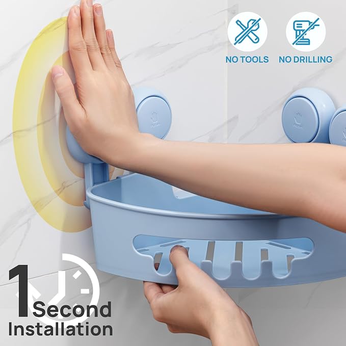 LEVERLOC Corner Shower Caddy Suction Cup, Shower Caddy Basket Powerful Suction Bathroom, Waterproof & Rustproof Organizer for Bathroom Storage, No-Drilling Removable (Blue)