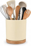 QUELIEN Utensil Holder, 360° Rotating Ceramic Kitchen Utensil Holder for Countertop, 7.7" Utensil Crock for Kitchen Counter with Rotatable Wooden Base,Ideal Housewarming Gift & Mothers Day Gift
