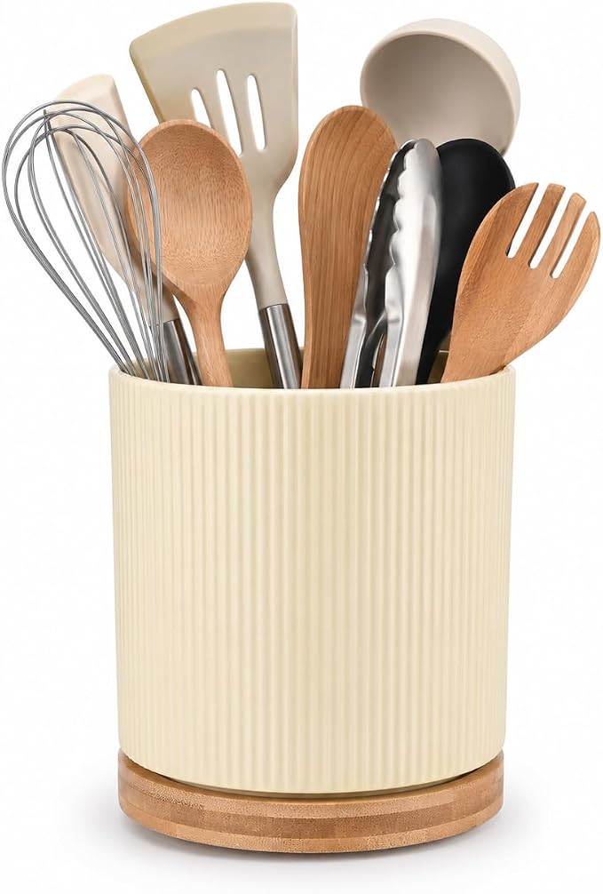QUELIEN Utensil Holder, 360° Rotating Ceramic Kitchen Utensil Holder for Countertop, 7.7" Utensil Crock for Kitchen Counter with Rotatable Wooden Base,Ideal Housewarming Gift & Mothers Day Gift